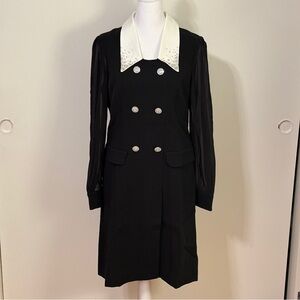 Light Weight Black Acetate Double-Breasted A-line Dress with Embellished Collar